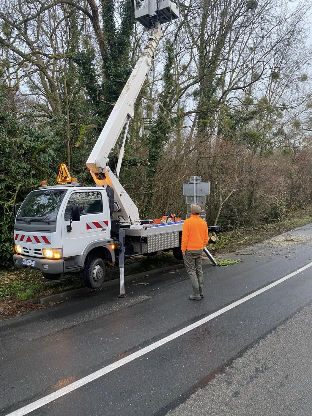Élagage d'un arbre à la nacelle au bord d'une route, élagueur en gilet orange